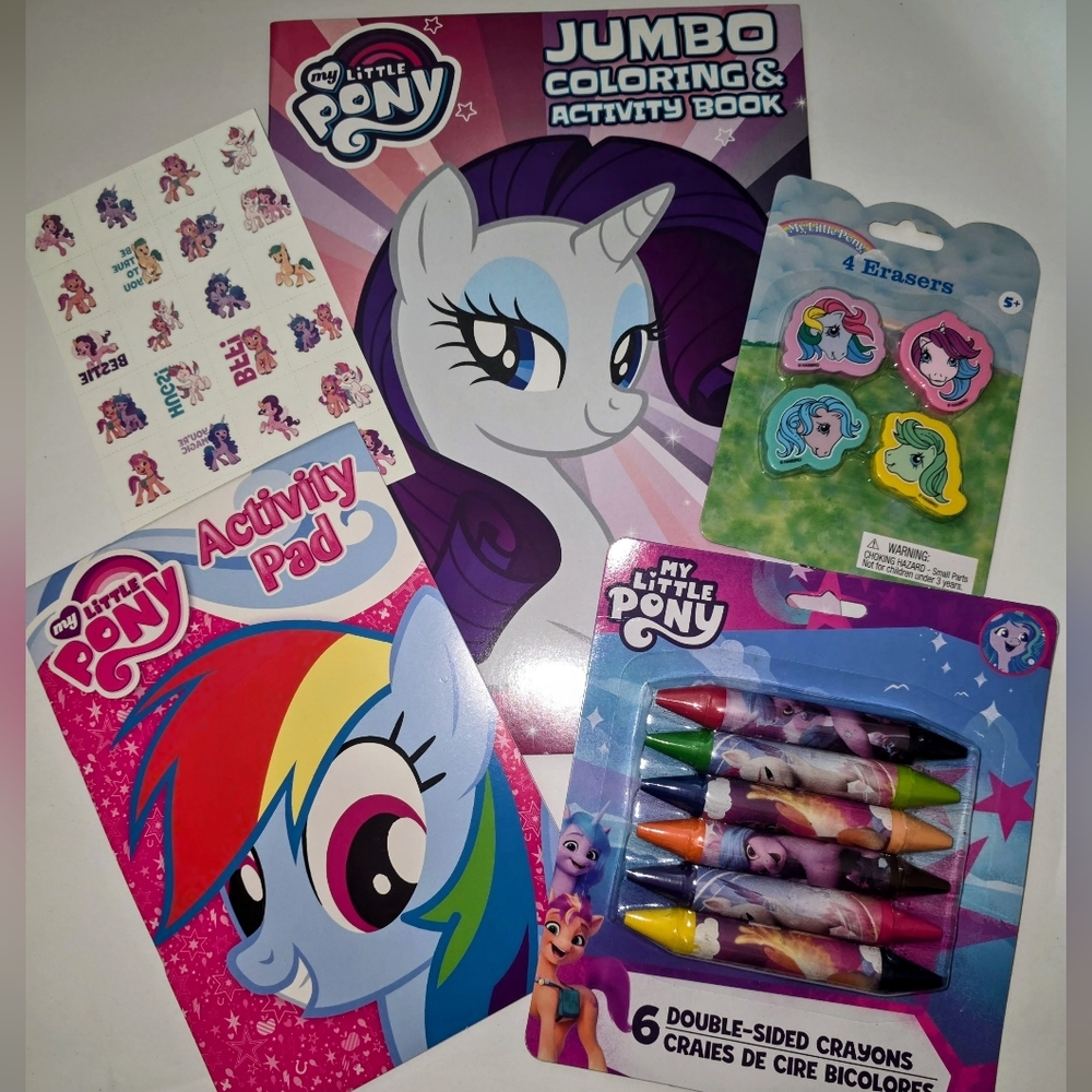 My Little Pony Kids Coloring Book,Activity Pad, Erasers, Crayons, Tatoo Set NEW
